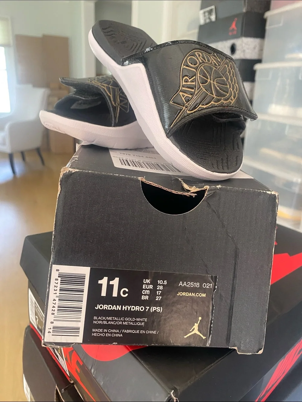 Jordan Kids Black and White Hydro Slide Sandals with Metallic Gold Logo
